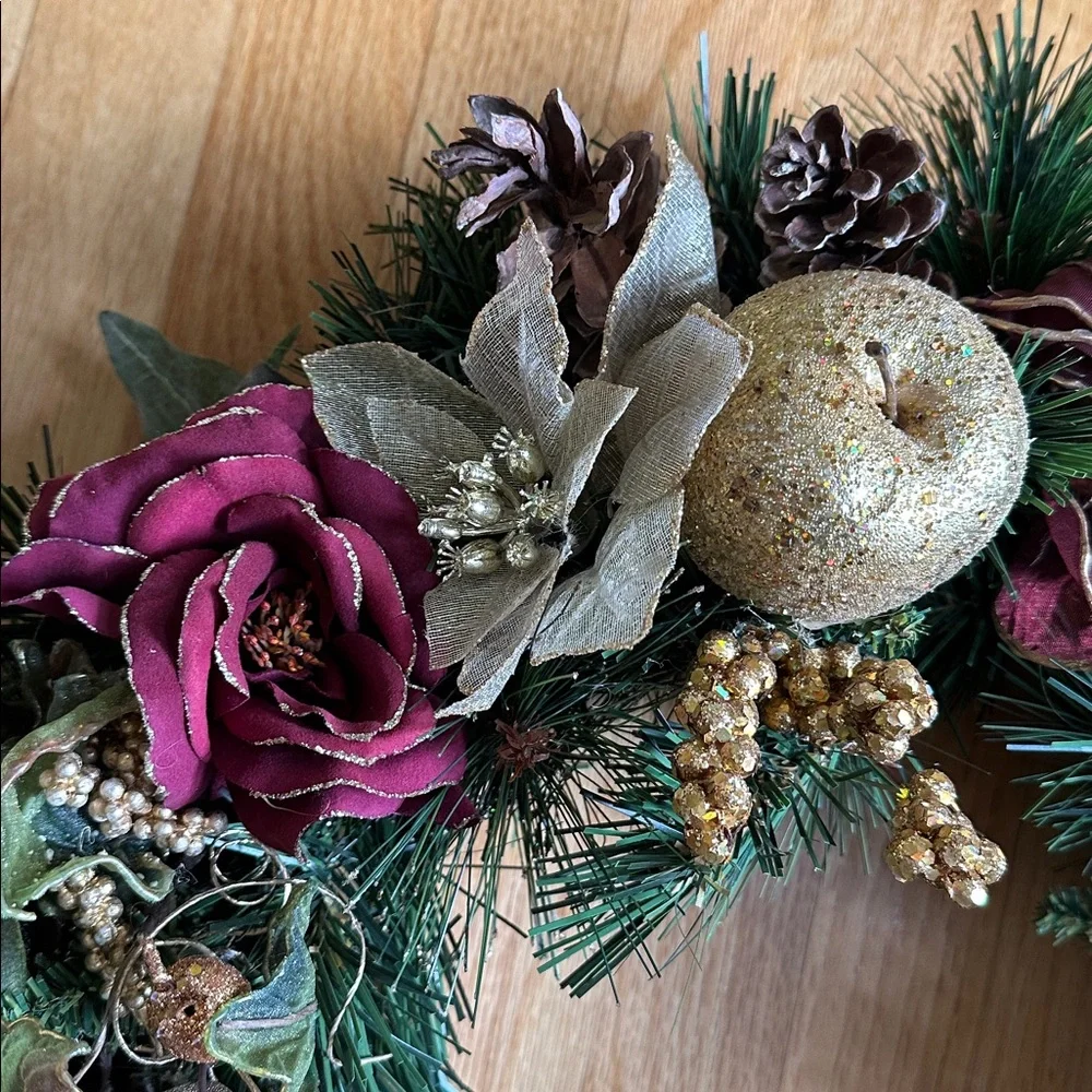 Handcrafted Gold and Wine Red Holiday Wreath